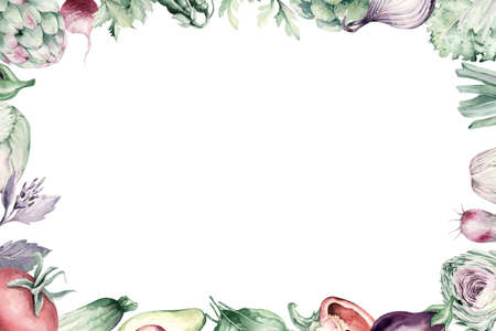 Vegetables healthy green organic set watercolor diet menu with artichoke, broccoli, spinach, celery vitamin Cabbage, leek and onion illustration. Isolated lettuce and radish. background mushroomの写真素材