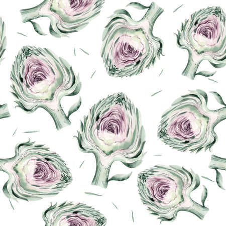 watercolor vegetables seamless pattern of fresh artichoke veggies . Fabric vegetarian nature background illustrationの写真素材
