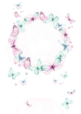 Watercolor colorful butterflies, butterfly, bugs seamless pattern on white background. blue, yellow, pink and red butterfly spring illustration.の写真素材