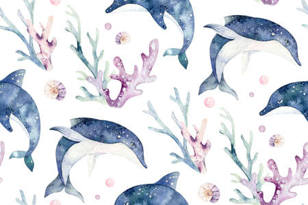 Sea animals blue watercolor ocean seamless pettern fish, turtle, whale and coral. Shell aquarium background. Nautical starfish marine dolphin illustrationの写真素材