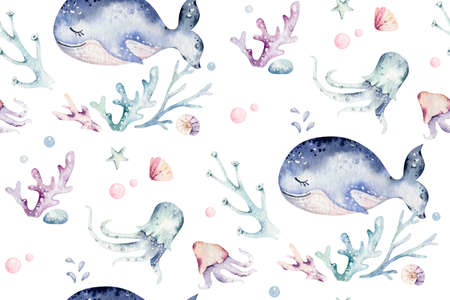 Sea animals blue watercolor ocean seamless pettern fish, turtle, whale and coral. Shell aquarium background. Nautical starfish marine illustrationの写真素材