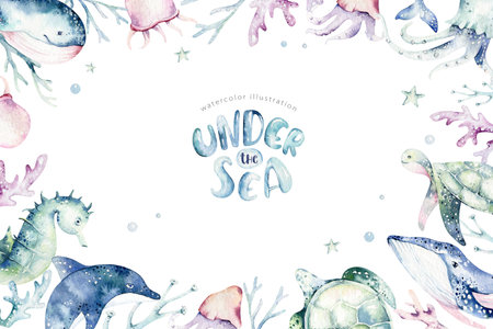 Set of sea animals. Blue watercolor ocean fish, turtle, whale and coral. Shell aquarium background. Nautical wildlife dolphin marine illustration, jellyfish, starfishの写真素材