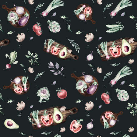 watercolor vegetables seamless pattern of fresh artichoke , bell pepper and avocado veggies . eggplate, leek and broccoli Fabric vegetarian nature green background illustrationの写真素材