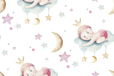 Baby shower kid swan watercolor girl seamless pattern butterfly cartoon elements. Set of baby pink dress and babys bootees birthday illustration. Newborn rainbow party invitationの写真素材