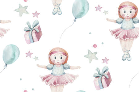 Baby shower kid swan watercolor girl seamless pattern butterfly cartoon elements. Set of baby pink dress and babys bootees birthday illustration. Newborn rainbow party invitationの写真素材