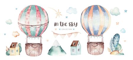 Watercolor set of balloons baby cartoon cute pilot aviation illustration of fancy sky transport balloon and clouds. childish Boy pattern. Its a baby shower illustrationの写真素材