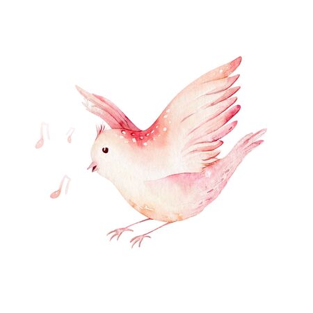 Spring bird on blooming branch with green leaves and flowers. Watercolor painting. Hand drawn.の写真素材