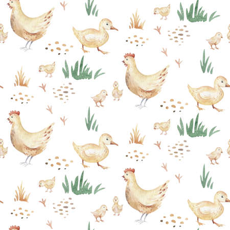 Watercolor seamless pattern with cute farm animals with goat, horse, goose and cow. chicken, sheep and pig domestic animal illustration.の写真素材