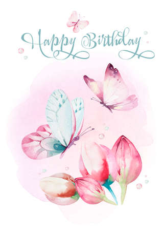 Cute Fairy character watercolor illustration on white background. Magic fantasy cartoon pink fairytale design. Baby girl birthdayの写真素材