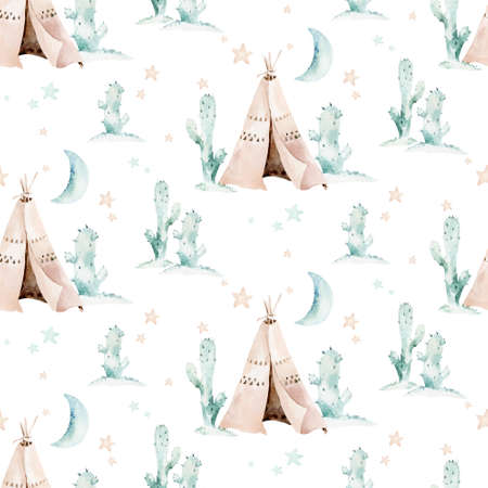 Western baby boy cowboy seamless pattern and teepee tent watercolor illustration. Cartoon and...