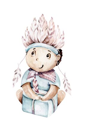 Western baby boy cowboy in cowboy hat sitting on hay bales illustration. Cartoon sheriff ans American tribes teepee design. Wild West birthday invitationの写真素材