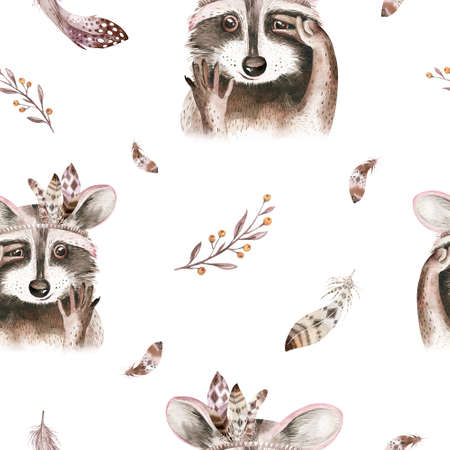 Watercolor boho floral raccoon seamless pattern with feather. bohemian natural background: leaves, feathers, flowers, Artistic decoration illustration. Weddign design, nursery illustrationの写真素材