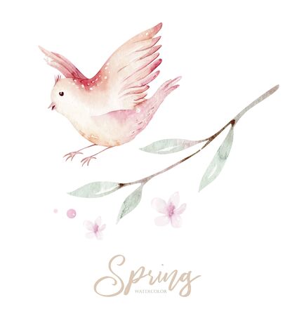 Spring bird on blooming branch with green leaves and flowers. Watercolor wedding invitation card blossom painting. Hand drawn pink wreath design. Cherry isolated branch decorationのイラスト素材
