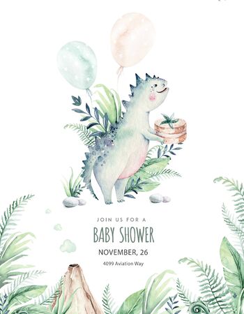 Cute cartoon baby dinosaurs collection watercolor illustration, hand painted dino isolated on a white background for nursery poster decoration. Rex children funnyの写真素材