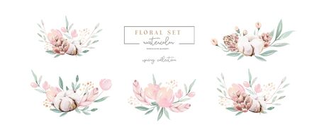 Watercolor floral wreath and bouquet frame illustration with cotton balls peach color, white, pink, vivid flowers, green leaves, for wedding stationary, greetings, wallpapers, fashion, background, wrapping, DIY.の写真素材