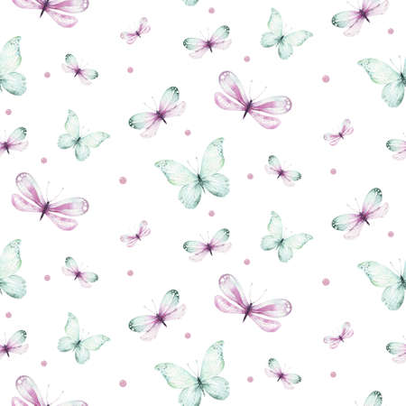 Watercolor colorful butterflies, butterfly, bugs seamless pattern on white background. blue, yellow, pink and red butterfly spring illustration.の写真素材