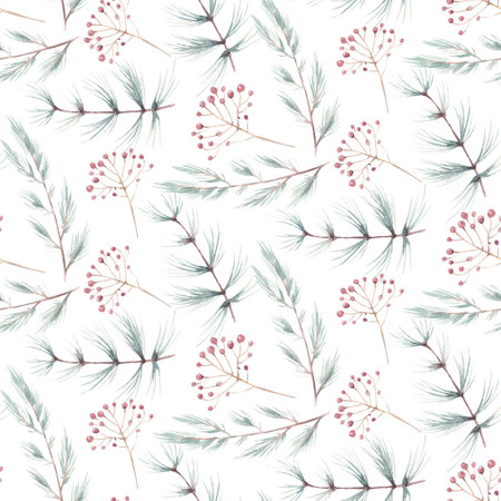 Seamless floral pattern with watercolor blue branches with leaves, hand drawn isolated on a white backgroundの写真素材