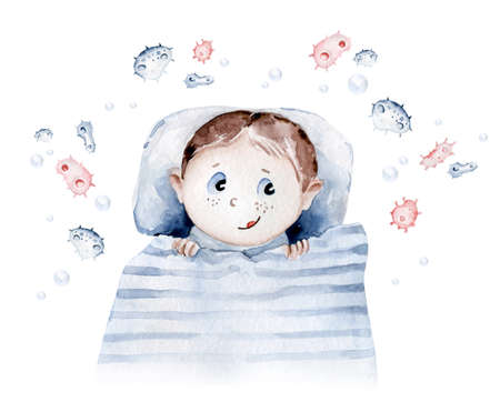 Cute cartoon animal doctor, pills, ambulance, mask, bacteria, viruses . Watercolor hand drawn boy and girl doctor set.の写真素材