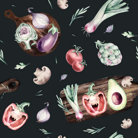 watercolor vegetables seamless pattern of fresh artichoke , bell pepper and avocado veggies . eggplate, leek and broccoli Fabric vegetarian nature green background illustrationの写真素材