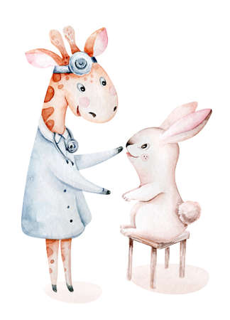 Cute cartoon animal giraffe doctor with bunny. pediatrics kids boy and girl. pills, ambulance, mask, bacteria, viruses. Watercolor hand drawn boy and girl doctor setの写真素材