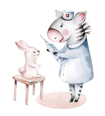 Cute cartoon animal zebra, hippo, giraffe doctor. pediatrics kids boy and girl. pills, ambulance, mask, bacteria, viruses. Watercolor hand drawn boy and girl doctor setの写真素材