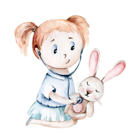 Cute cartoon baby girl nurse and a patient bunny. Little doctor. pediatrics kids girl. pills, ambulance, mask, bacteria, viruses. Watercolor hand drawn girl doctor setの写真素材