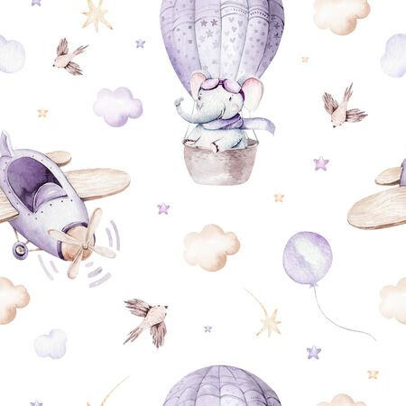 Watercolor purplecute animal safary elephant and airplane. sky scene plane and balloons, clouds. Baby Boy and girl pattern. baby showerの写真素材
