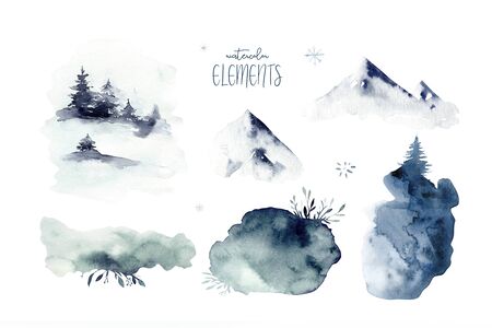 Watercolor winter forest. Christmas tree landscape with Pine Trees fir in the Mountains. Hand painted Isolated on white Background. Snow holiday designの写真素材