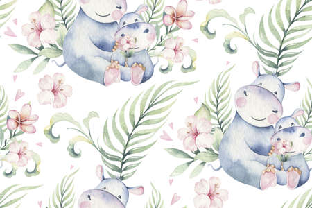 Hand drawn cute isolated tropical summer watercolor hippo animals. hippopotamus baby and mother cartoon animal illustrations, jungle tree, brazil trendy design. Aloha collection.の写真素材
