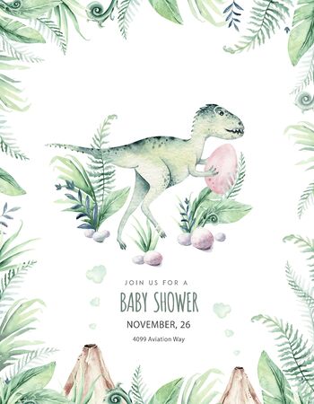 Cute cartoon baby dinosaurs collection watercolor illustration, hand painted dino isolated on a white background for nursery poster decoration. Rex children funnyの写真素材