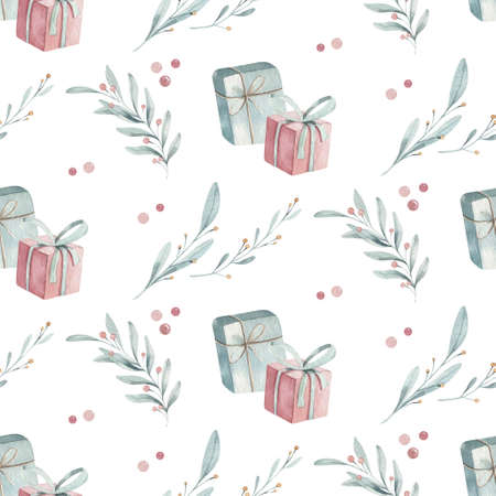 Watercolor christmas elements seamless pattern. Watercolor hand drawn christmas illustration. New Year winter holiday drawing.の写真素材