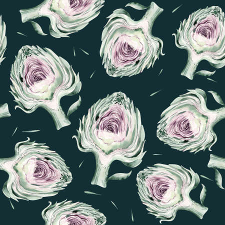 watercolor vegetables seamless pattern of fresh artichoke veggies . Fabric vegetarian nature green background illustrationの写真素材