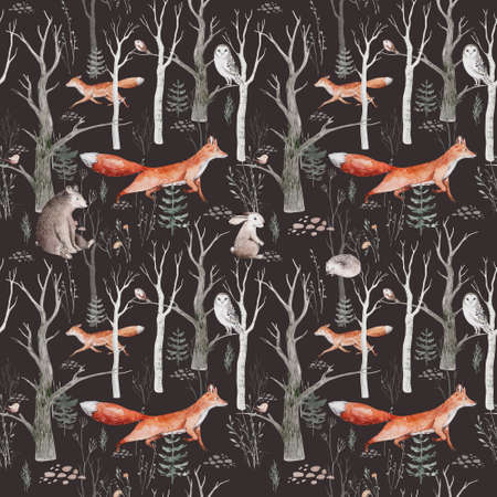 Watercolor Woodland animals seamless pattern. Fabric wallpaper background with Owl, hedgehog, fox and butterfly, Bunny rabbit set of forest squirrel and chipmunk, bear and bird baby animal, Scandinavian Nursery wolfの写真素材