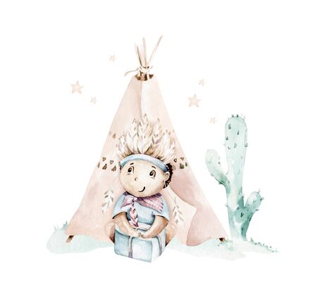 Watercolor set with mexican ethnic elements: cactus ,teepee tent, traditional wigwam, feather, arrow. Boho party invitation. Baby boy baby shower. Wild westの写真素材