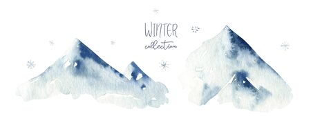 Watercolor winter forest. Christmas tree landscape with Pine Trees fir in the Mountains. Hand painted Isolated on white Background. Snow holiday designの写真素材