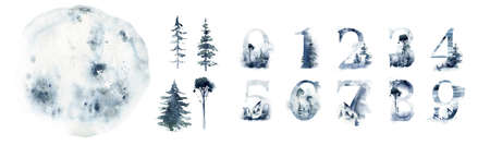 Watercolor winter forest. Christmas tree landscape with Pine Trees fir in the Mountains. Hand painted Isolated on white Background. Snow holiday designの写真素材