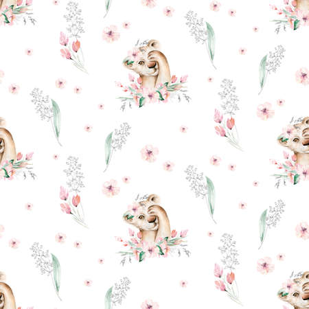 Watercolor floral pattern with lion baby nursery natural leaves, feathers, flowers, Isolated on white background. Artistic decoration illustration. Save the date, wedding design,valentines dayの写真素材