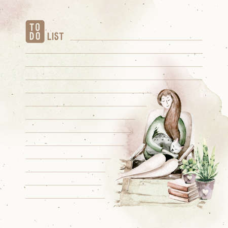 Vintage interior bohemian background with mid century modern furniture,Interior Decor Scene.Cozy living room with houseplant,rug,greenery chair.Watercolor illustration.Housewarming print.Stay at homeの写真素材