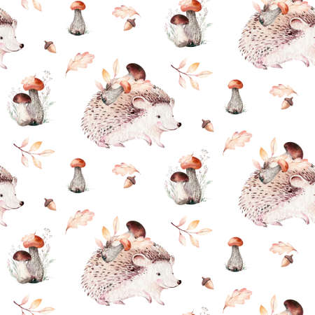 Watercolor autumn seamless pattern with hedgehog, mashrooms, branches, leaves and berries. Set of autumn forest plants. Collection of herbarium garden.の写真素材