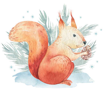 Set of Christmas Woodland forest cartoon hedgehog, cute squirrel, mouse, bunny hare animal character. Winter raccoon christmas tree floral elements, bouquets, berries, fllowers, snow and snowflakes,の写真素材