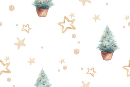 Winter merry christmas seamless nature xmas pattern with cones branch and christmas tree. Floral...