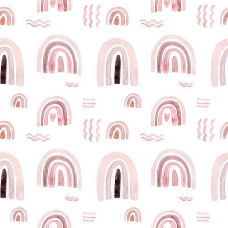 Watercolor kids raindow seamless pattern . scandinavian hand painted boho rainbows background. Nursery art fabric illustration in trendy scandinavian style. Contemporary art, baby boy and girl rainbow graphics.の写真素材