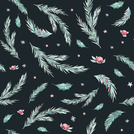 watercolor holiday christmas clipart seamless pattern. Winter decoration element. Merry christmas design. Pine tree branch, frame, berries. New year invitation decorative background designの写真素材
