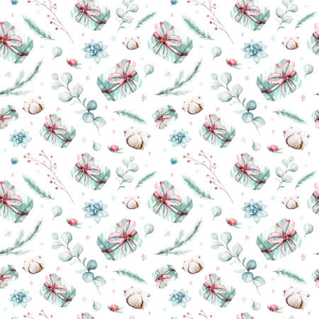 watercolor holiday christmas clipart seamless pattern. Winter decoration element. Merry christmas design. Pine tree branch, frame, berries. New year invitation decorative background designの写真素材