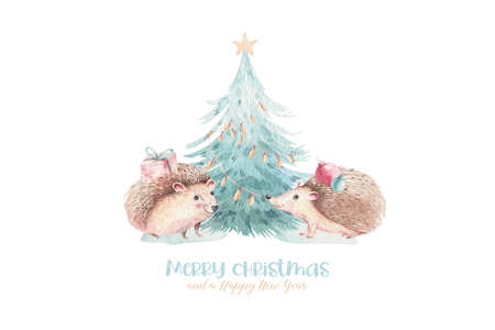 Set of Christmas Woodland forest cartoon hedgehog, cute squirrel, mouse, bunny hare animal character. Winter raccoon christmas tree floral elements, bouquets, berries, fllowers, snow and snowflakes,の写真素材