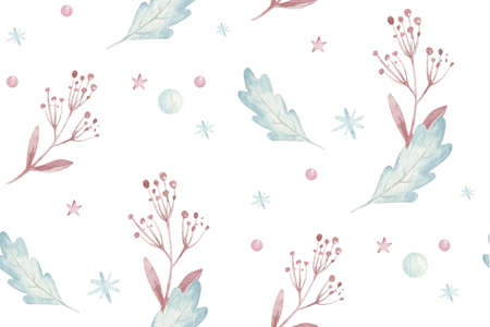 Winter merry christmas seamless nature xmas pattern with cones branch and christmas tree. Floral watercolor texture background new year floral element for fabric, gift paper , New year wallpaperの写真素材