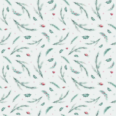 watercolor holiday christmas clipart seamless pattern. Winter decoration element. Merry christmas design. Pine tree branch, frame, berries. New year invitation decorative background designの写真素材