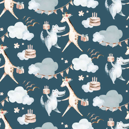 Watercolor seamless tropical pattern with dancing giraffe and crocodile african jungle animals on white background. Childish Africa animal illustration. Happy birthday,celebration concept.の写真素材