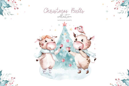 Watercolor cartoon illustration. Symbol of the year 2021. Funny and cute Bull. Christmas illustration.の写真素材