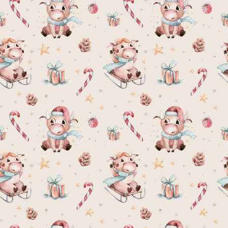 Watercolor cartoon cute Bull seamless pattern. Symbol of the year 2021. Funny Christmas backgroundの写真素材